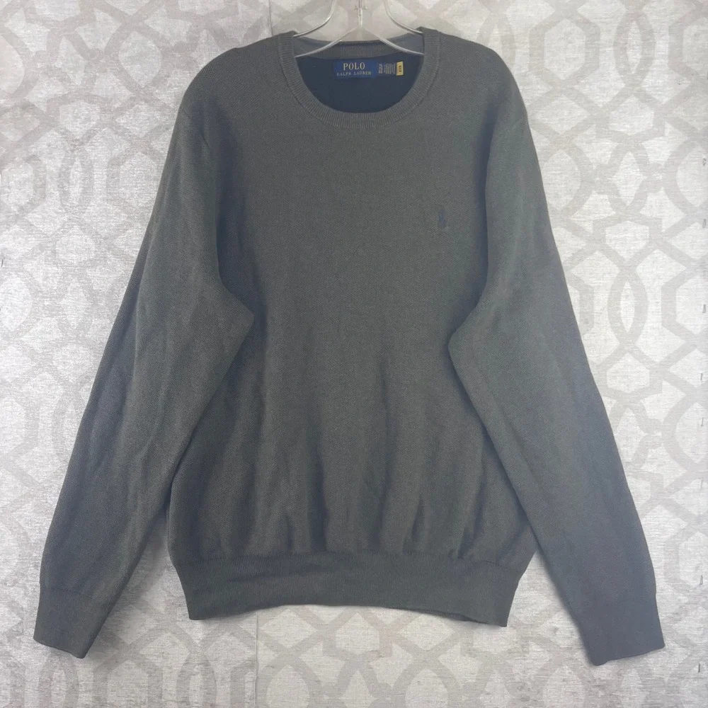 Polo Ralph Lauren Mens XL Olive Green Cotton Textured Knit Crewneck Sweater Logo